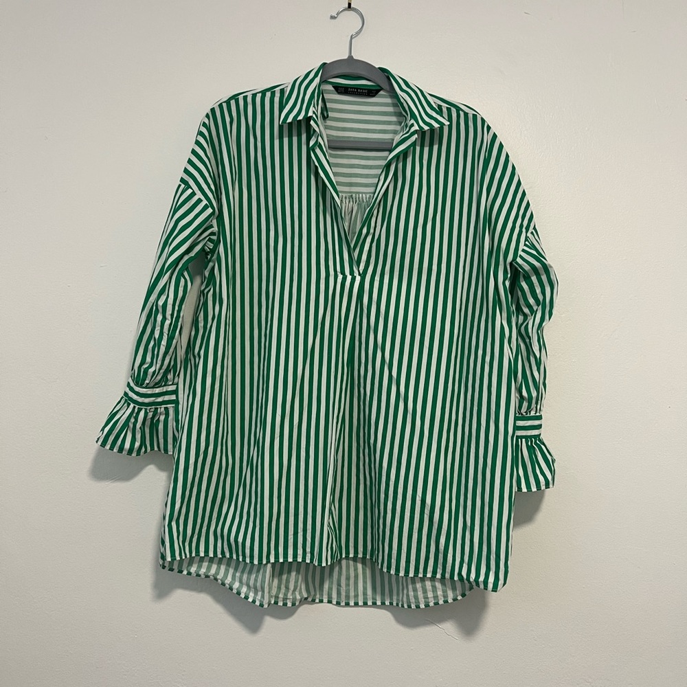 Zara Basic Collection Oversized Green White Striped Button Front Shirt M